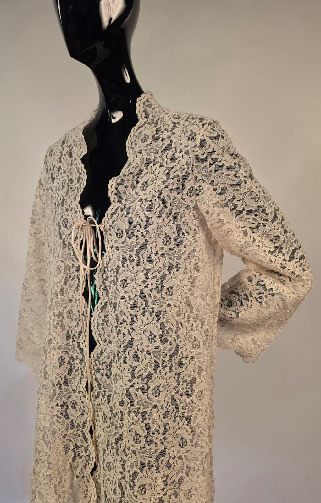 Vintage 1970s Long Floral Lace Coat with Ties