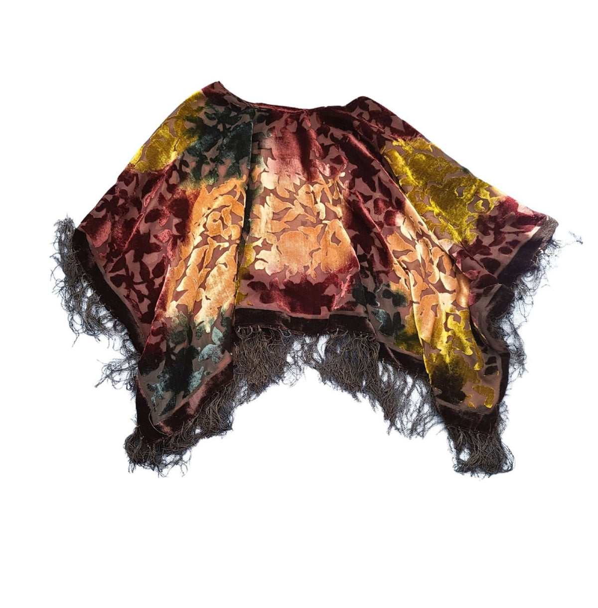 Vintage Burnout Velvet Poncho Cape Fringe Hem Sheer Boho Festival