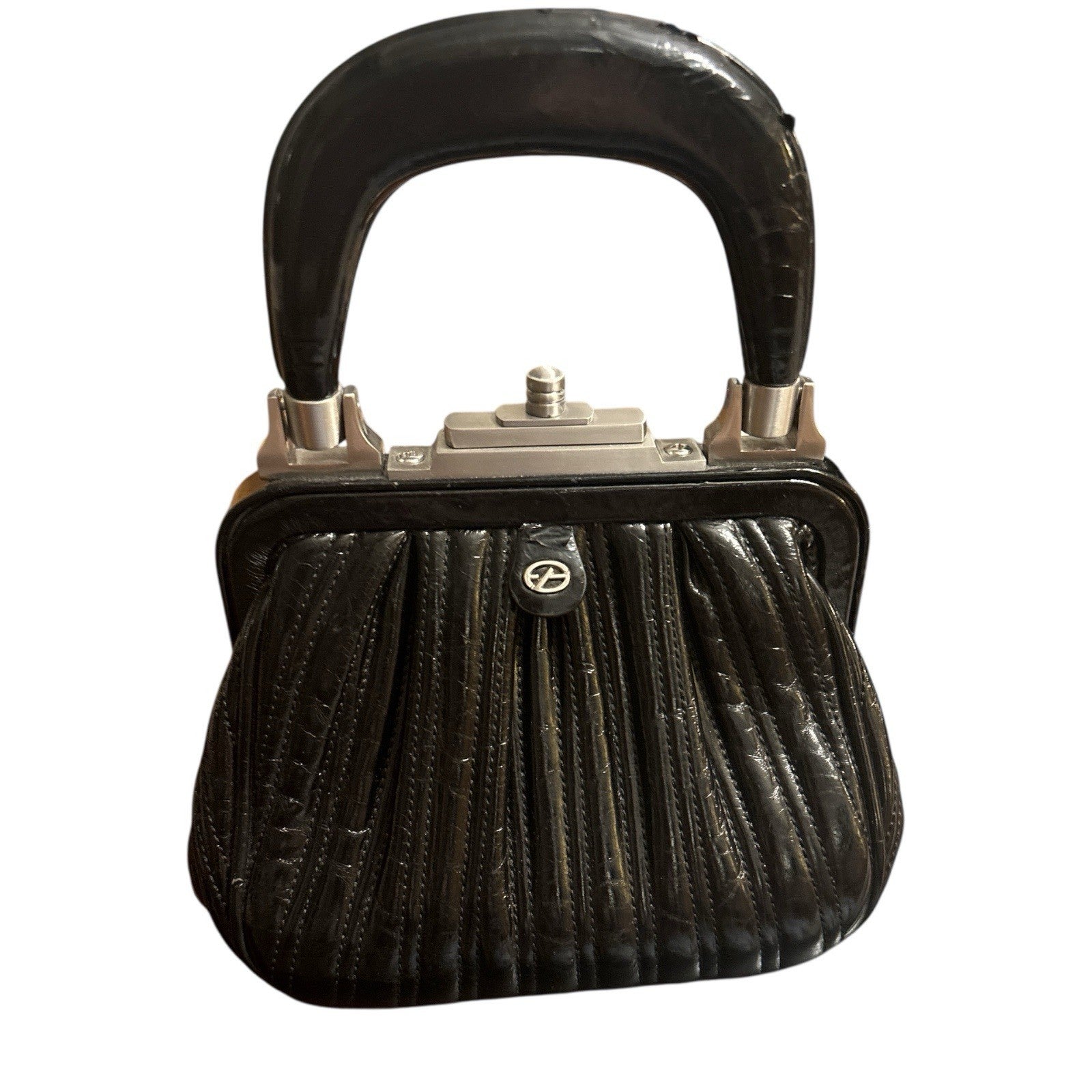 Vintage Francesco 1977 Biasia Handbag Fabulous Black Leather Silver Hardware