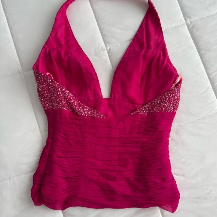 C.M. Vintage Y2K Fuchsia Pink Sequin Halter Top and Midi Beaded Silk Skirt Set