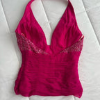 C.M. Vintage Y2K Fuchsia Pink Sequin Halter Top and Midi Beaded Silk Skirt Set