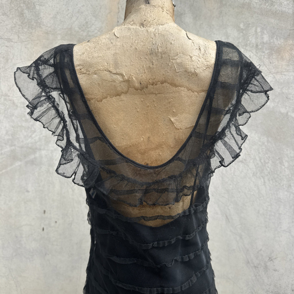 Vintage 1930s Black Mesh Net Gown Ruffles Low Back Bias Cut Art Deco Maxi Dress