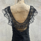 Vintage 1930s Black Mesh Net Gown Ruffles Low Back Bias Cut Art Deco Maxi Dress