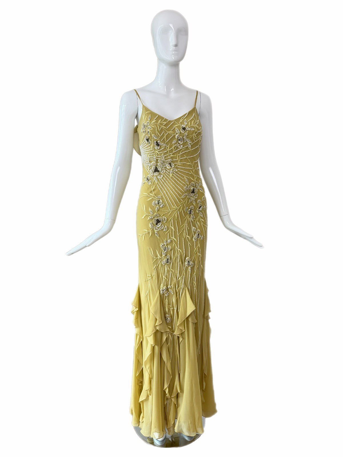 Sue Wong 2005 Chartreuse Silk Floral Beaded Ruffle Gown