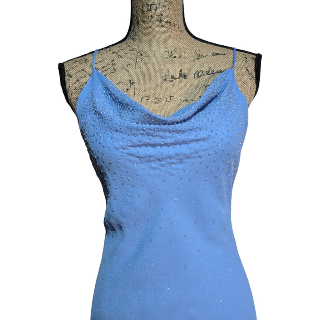 90s Y2K Light Cornflower Blue Glass Beaded Bias Cut Slip Dress Size Medium