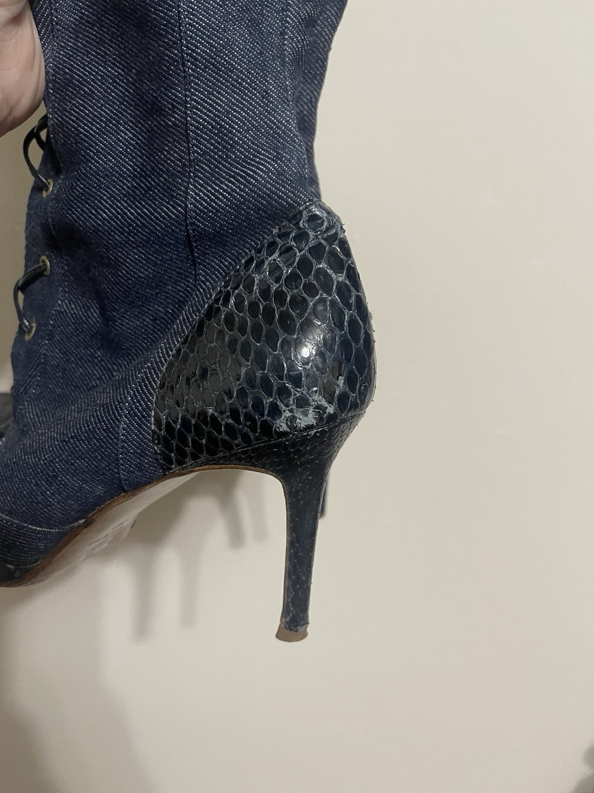 Dior Vintage Y2K Denim & Snakeskin Leather Lace Up Knee High Point Toe Boots
