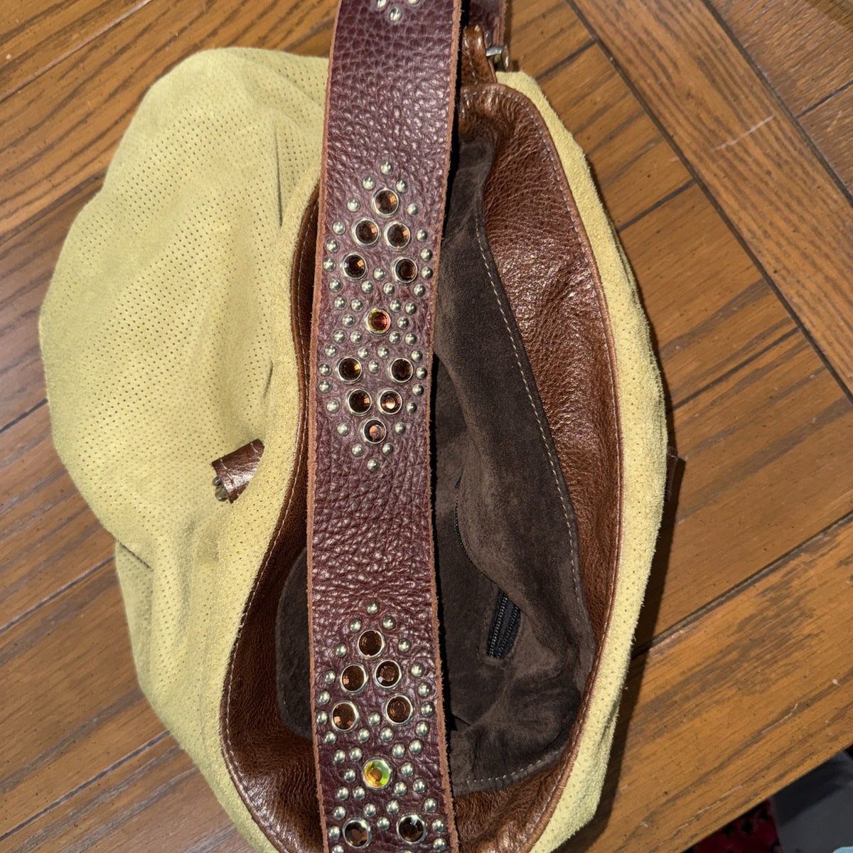 Tylie Malibu Green Perforated Suede Studded Gemstone Strap Bag Small