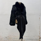 Vintage Y2K Cropped Satin Waist Tie Rabbit Fur and Leather Jacket