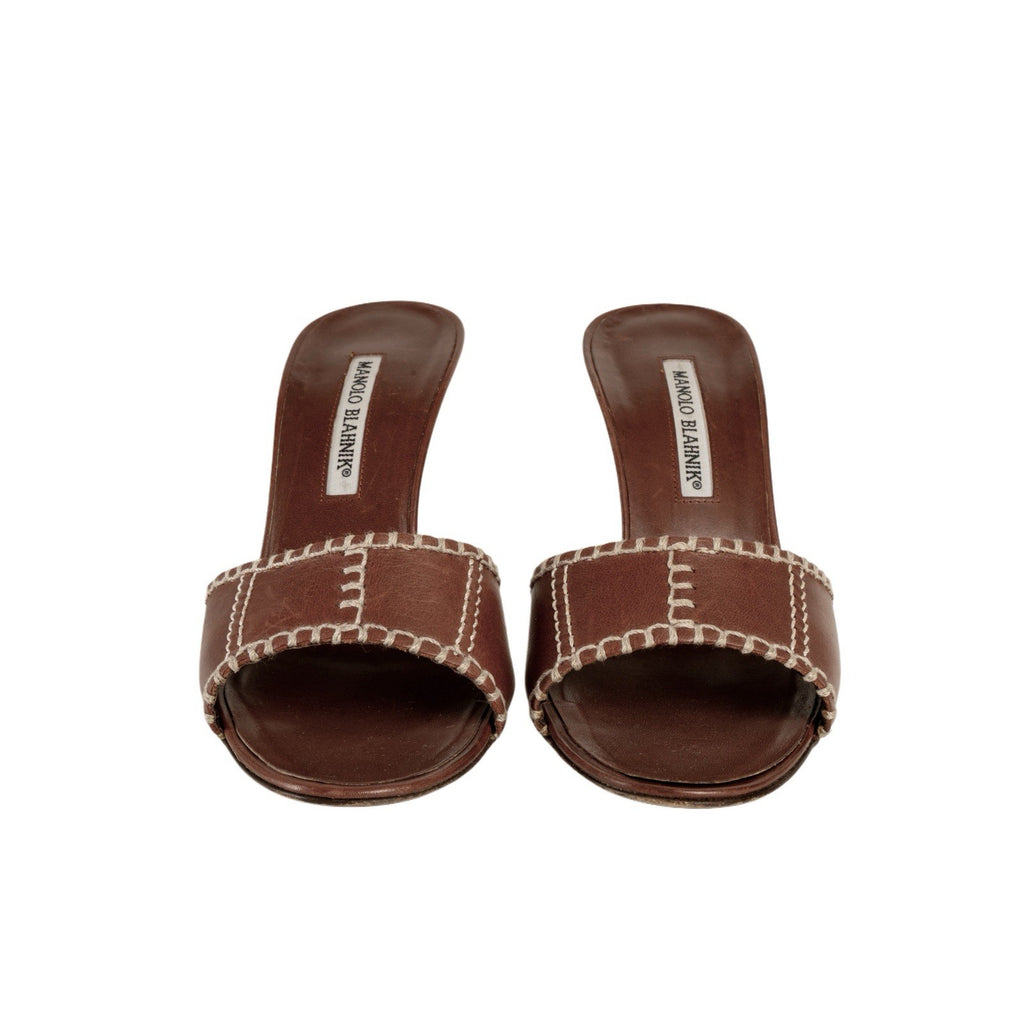 Manolo Blahnik Brown Leather Stitched Sandal Heels
