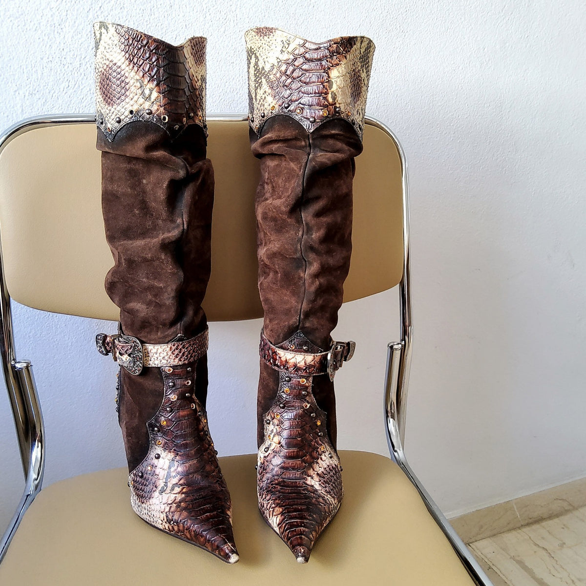 El Dantes Y2K Embellished Belted Slouchy Suede Snakeskin Pointy Shoe