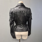 Double D Ranch Black Leather Fringe Beaded Moto Western Jacket Medium