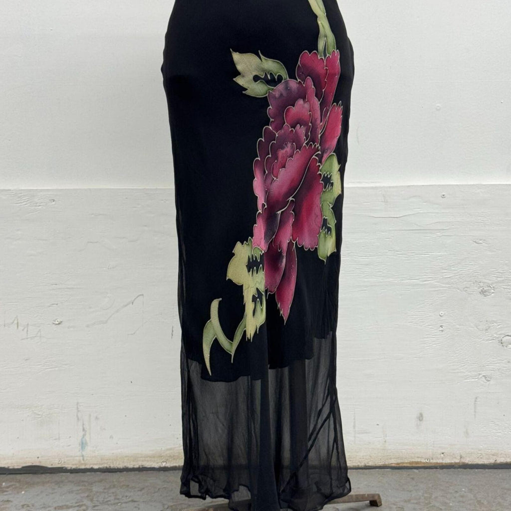 Vintage Y2K Botanical Noir 100% Silk Flutter Sleeve Gown
