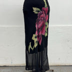Vintage Y2K Botanical Noir 100% Silk Flutter Sleeve Gown