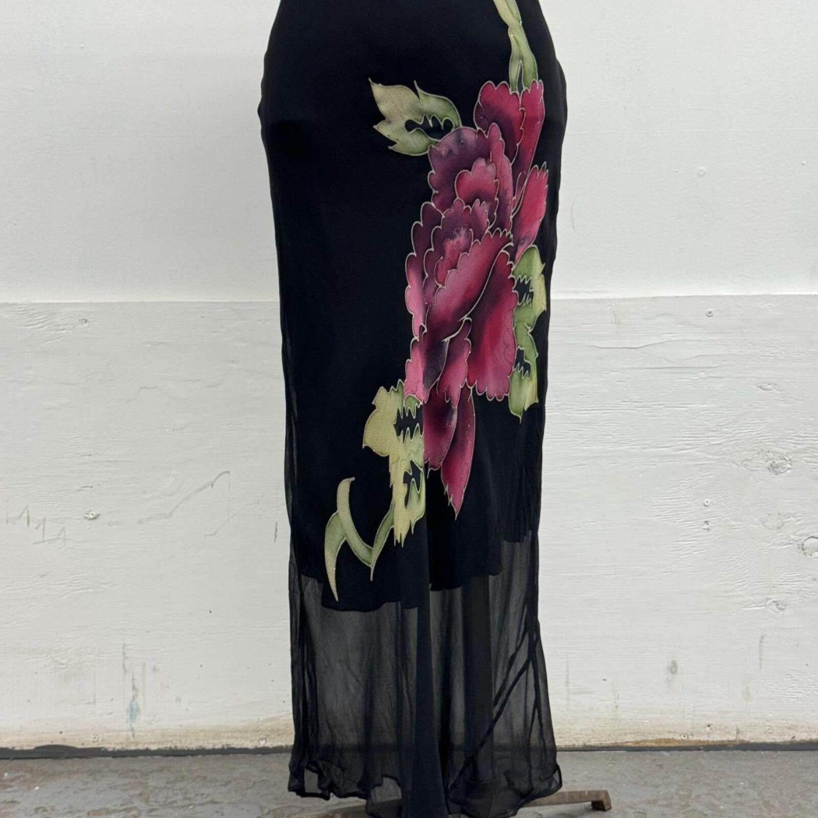Vintage Y2K Botanical Noir 100% Silk Flutter Sleeve Gown