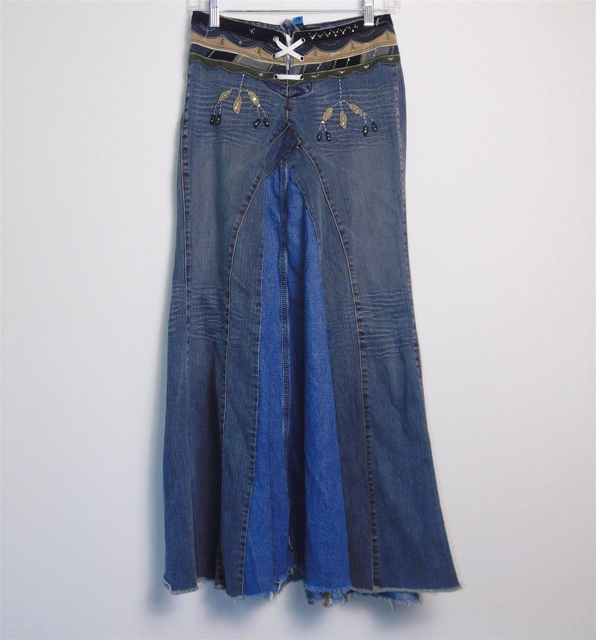 Dollhouse Patchwork Beaded Jeans Maxi Skirt Size 1/2
