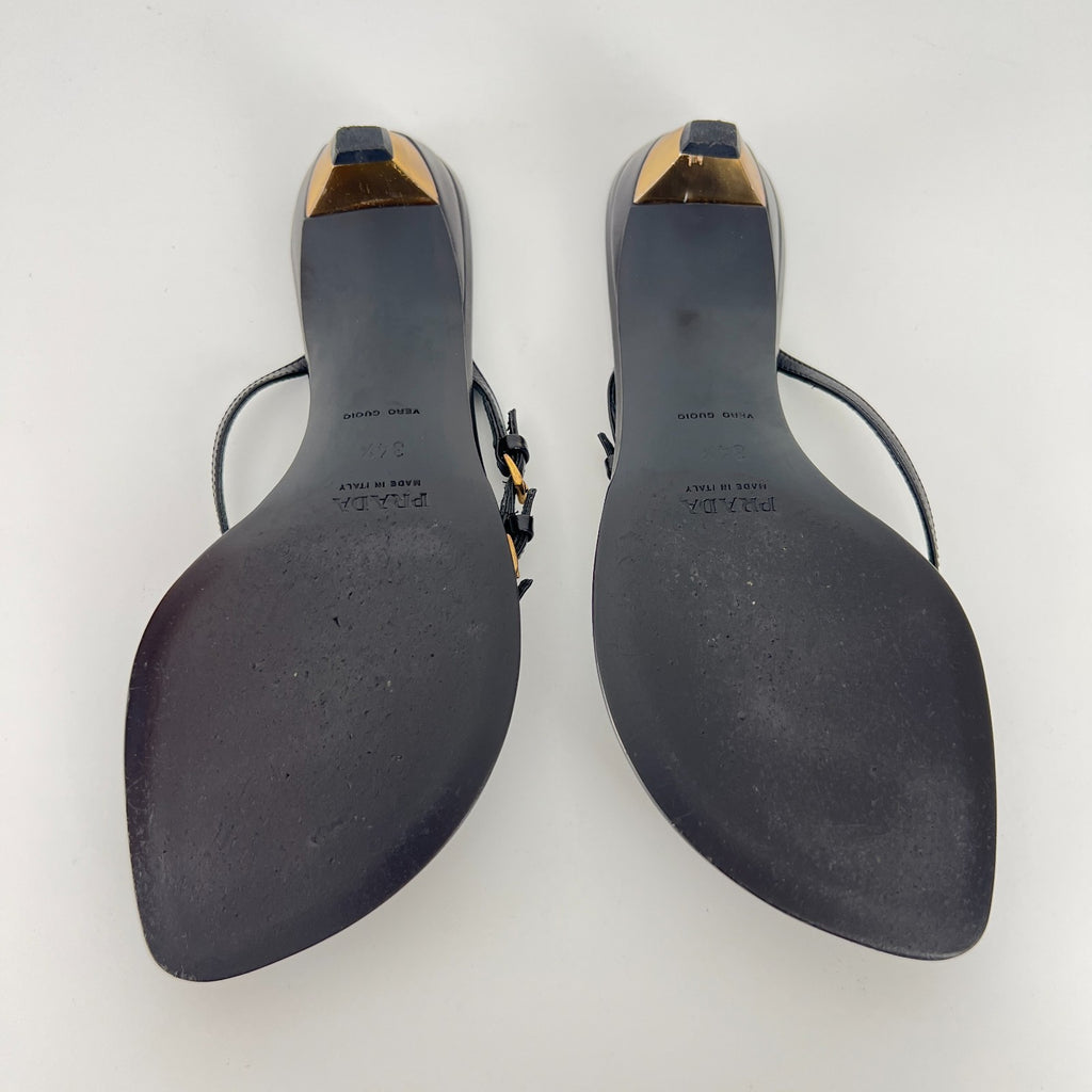 Prada | Auth Vintage Black Leather Gold Buckle Thong Kitten Heels (34.5)