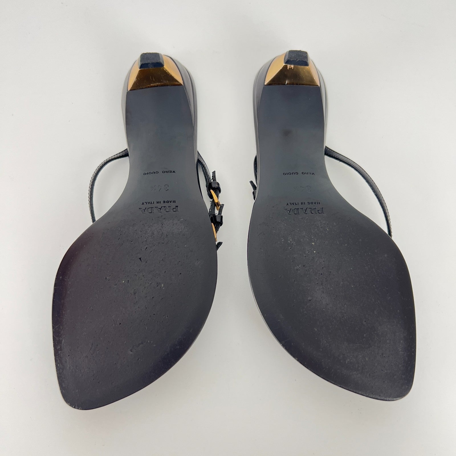 Prada | Auth Vintage Black Leather Gold Buckle Thong Kitten Heels (34.5)