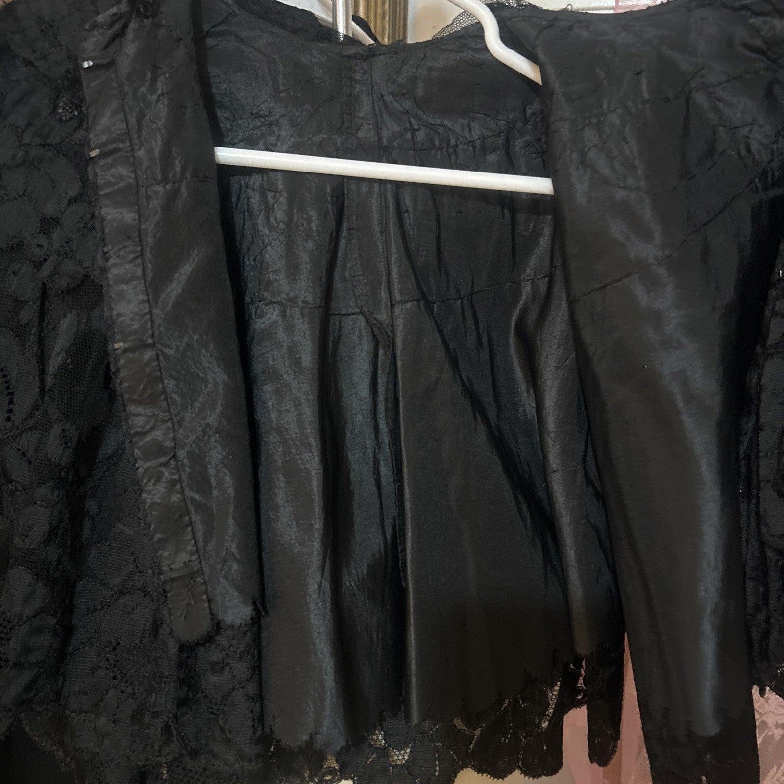 Vintage 1800's Victorian Gothic Black Lace Capelet w/ Beads  + Ruffle Size Small