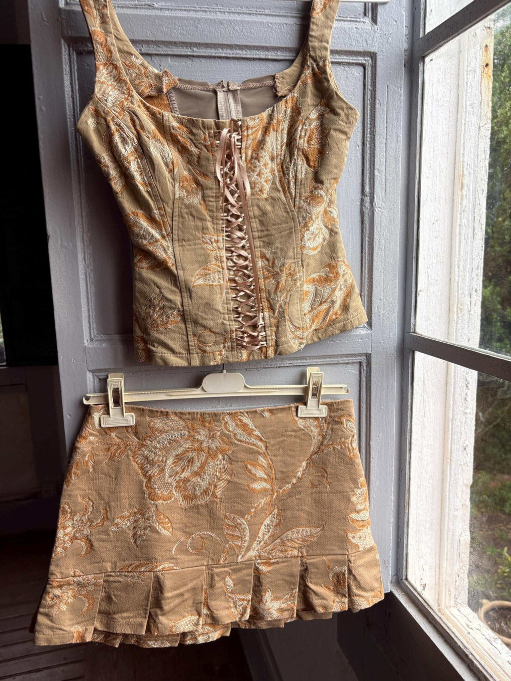 Y2K Brocade Two Piece Set Gold Floral Corset Top and Mini Skirt
