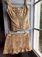 Y2K Brocade Two Piece Set Gold Floral Corset Top and Mini Skirt