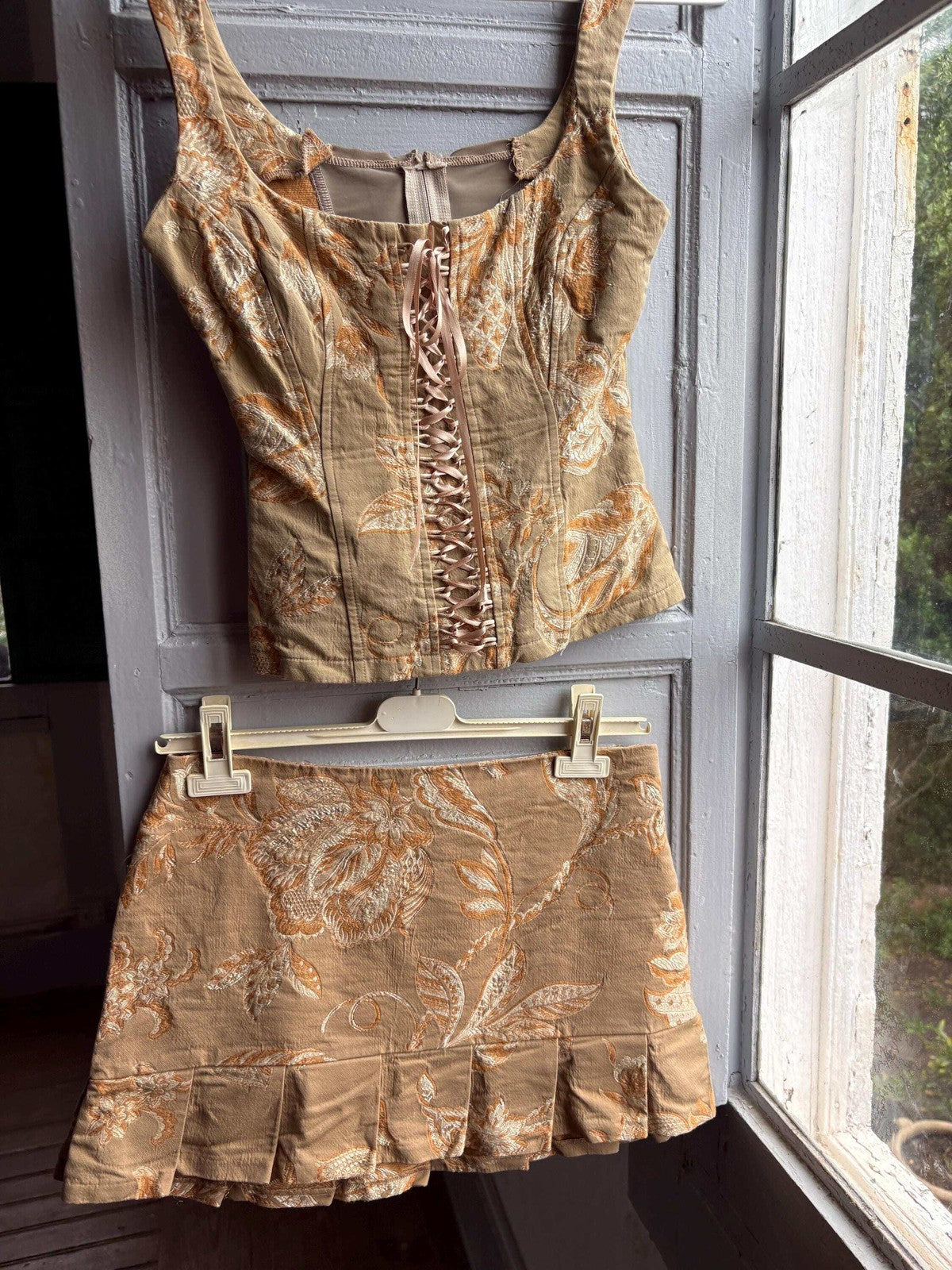 Y2K Brocade Two Piece Set Gold Floral Corset Top and Mini Skirt
