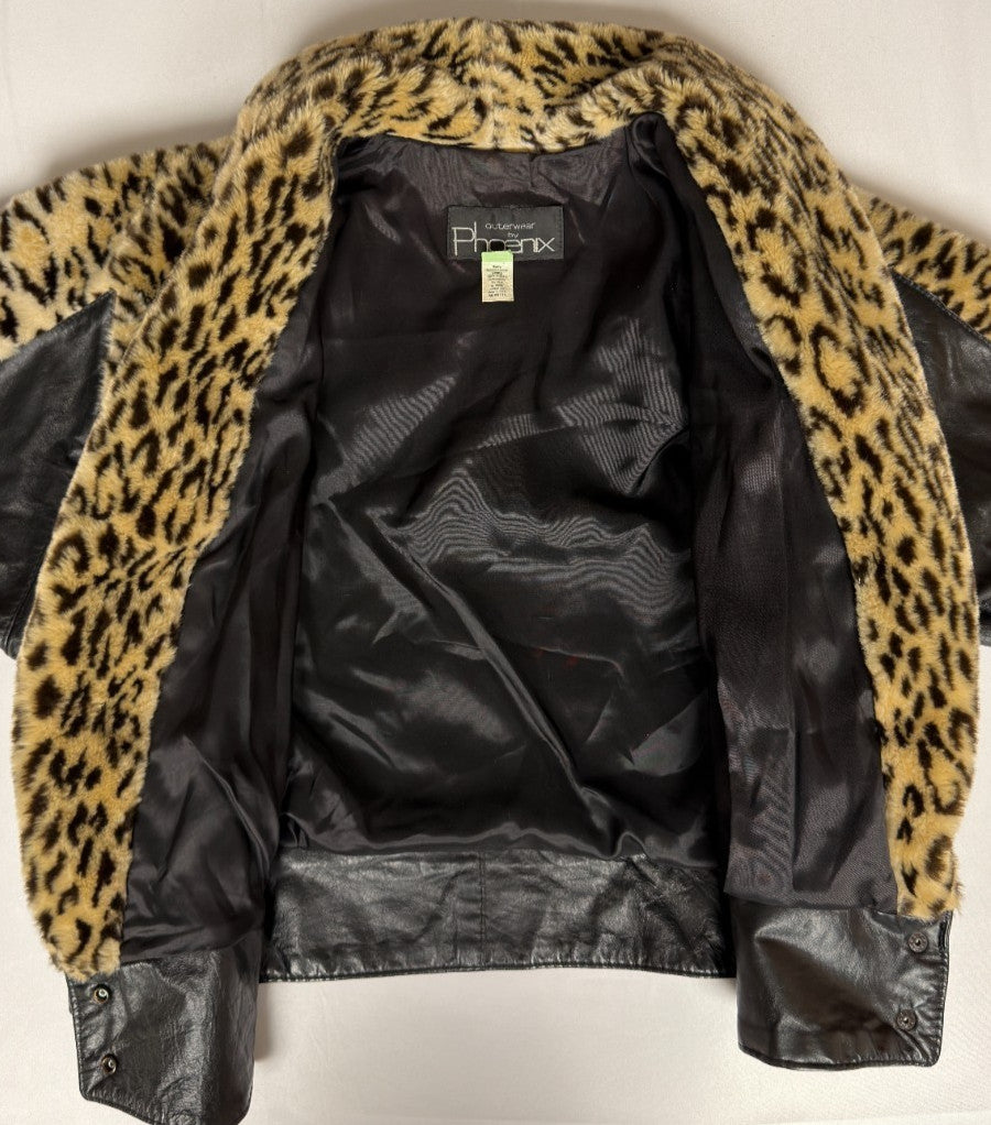 Phoenix Leather Jacket Small Black with Leopard Fur