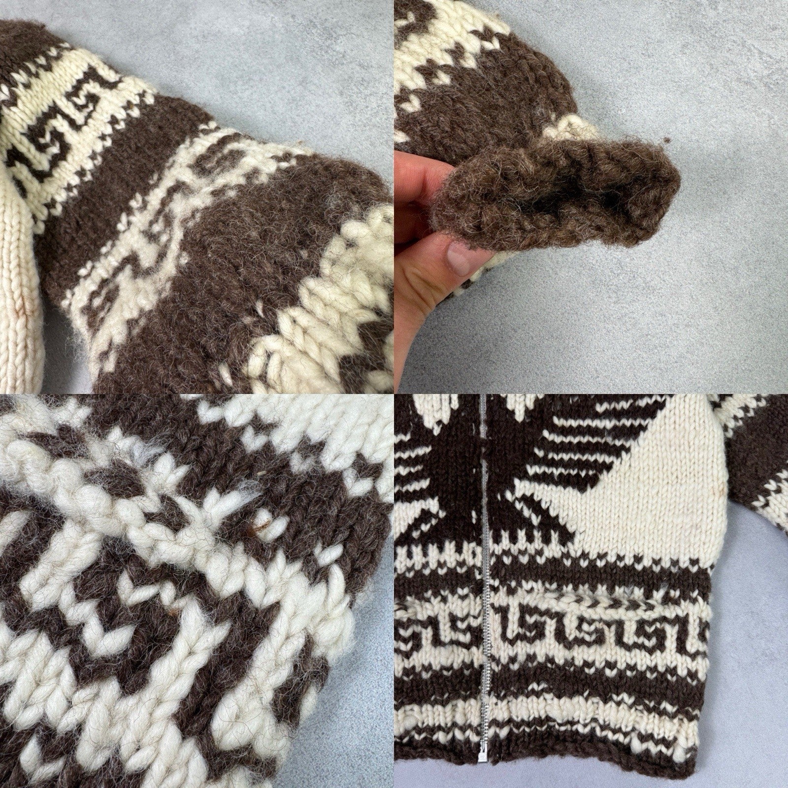 Vintage Couchan Indian Hand knit Wool Sweater Zip Eagle  Size M