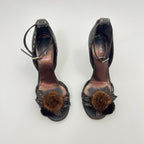 Fendi | Auth Selleria Brown Leather Mink Fur Camellia Ankle Strap Stiletto (35)
