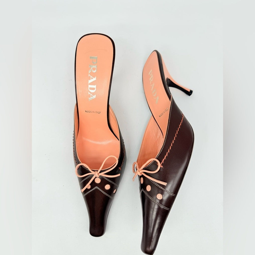 Prada Vintage Dark Brown Pink Bow embellished elongated mules heels EU 39 US 9