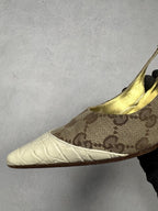 Gucci Vintage GG Monogram Canvas Slingback Pumps Leather Cap Toe EU 37