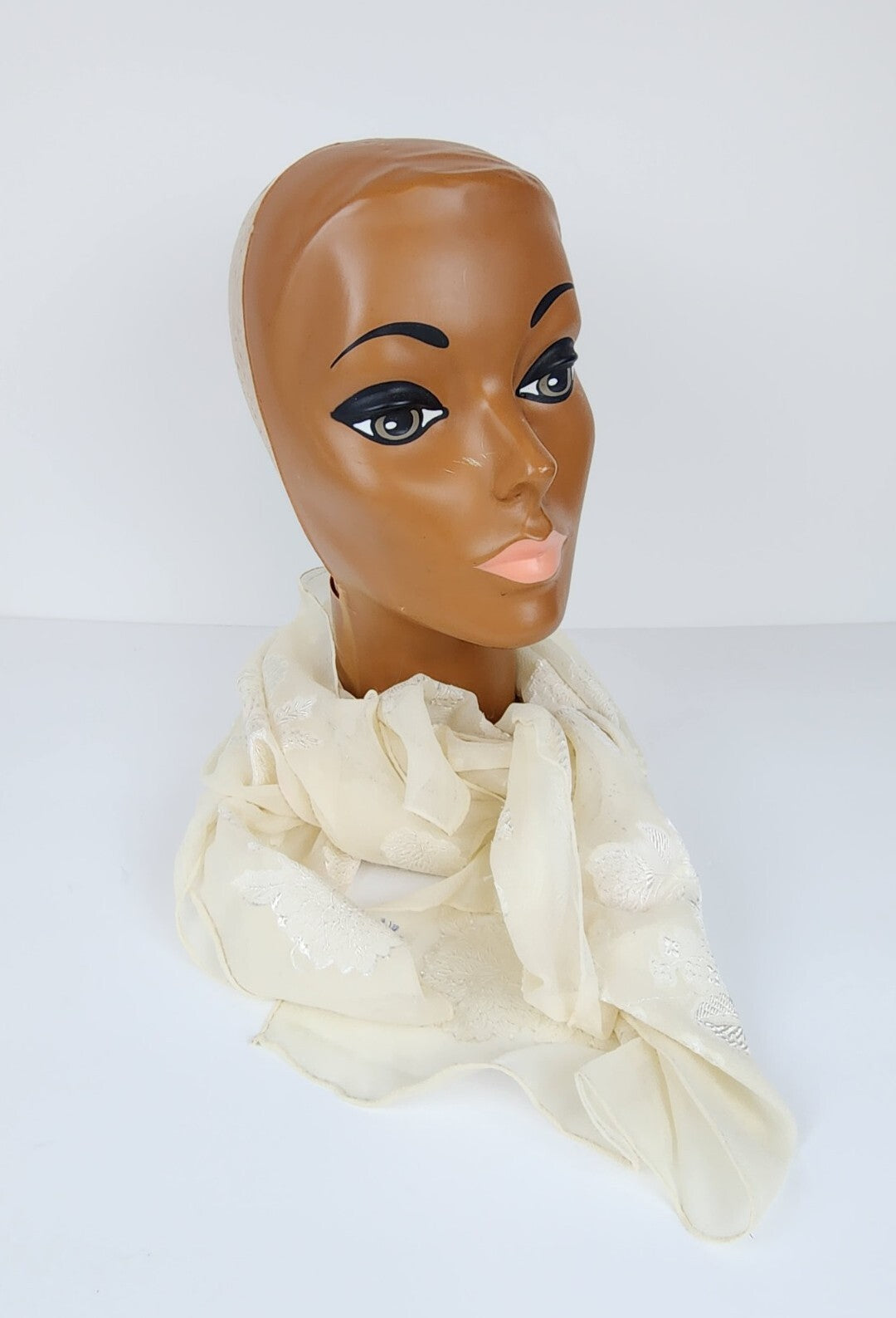 Antique Chiffon Silk Scarf Head & Neck Scarf Delicate Floral White Lace 1900's