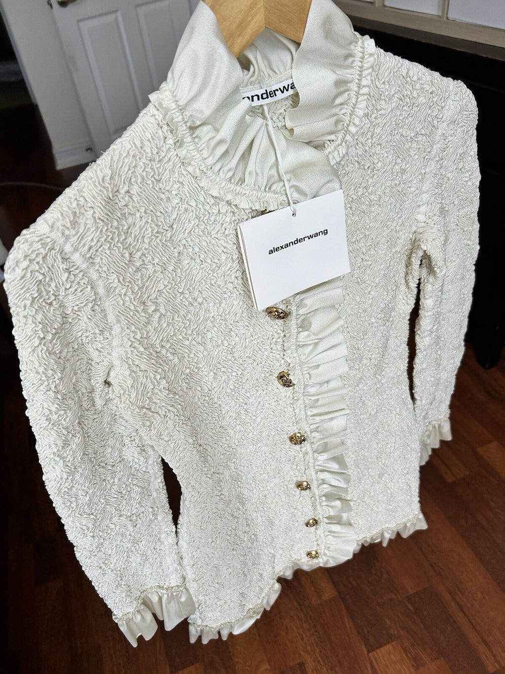 Alexander Wang Smocked Ruffle Long Jacket Dress S In Vintage White