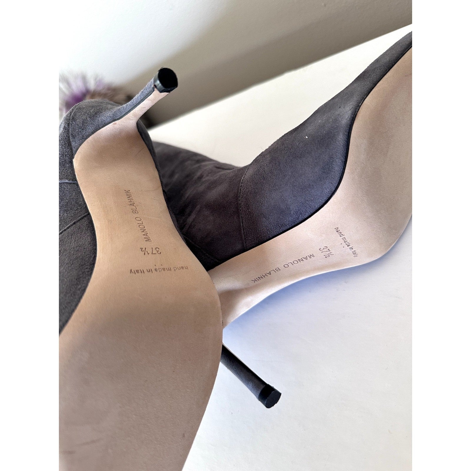 $1995 Manolo Blahnik Likanskim Boots Fur Suede Tall Womens Shoes Gray Size 37.5