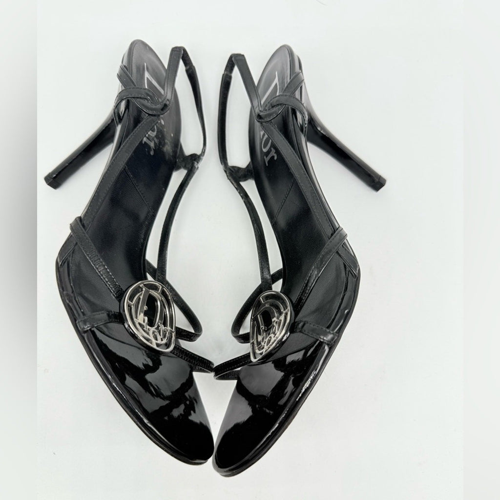 Dior Vintage John Galliano Medallion Logo Patent Leather slingback sandals EU 40