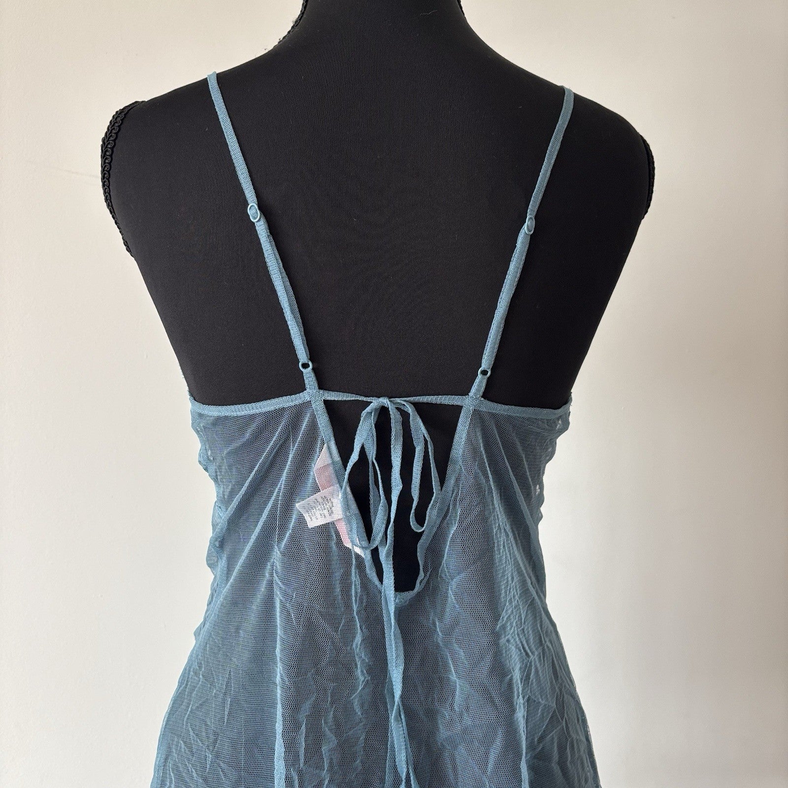 VTG Victoria’s Secret Blue Babydoll Dress Sheer Size M Sequin Lace Romantic Y2K