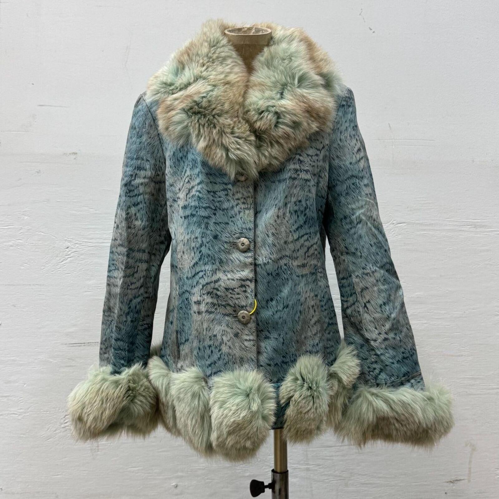 Vintage Y2K Blue Seafoam Fox Fur and Leather Jacket