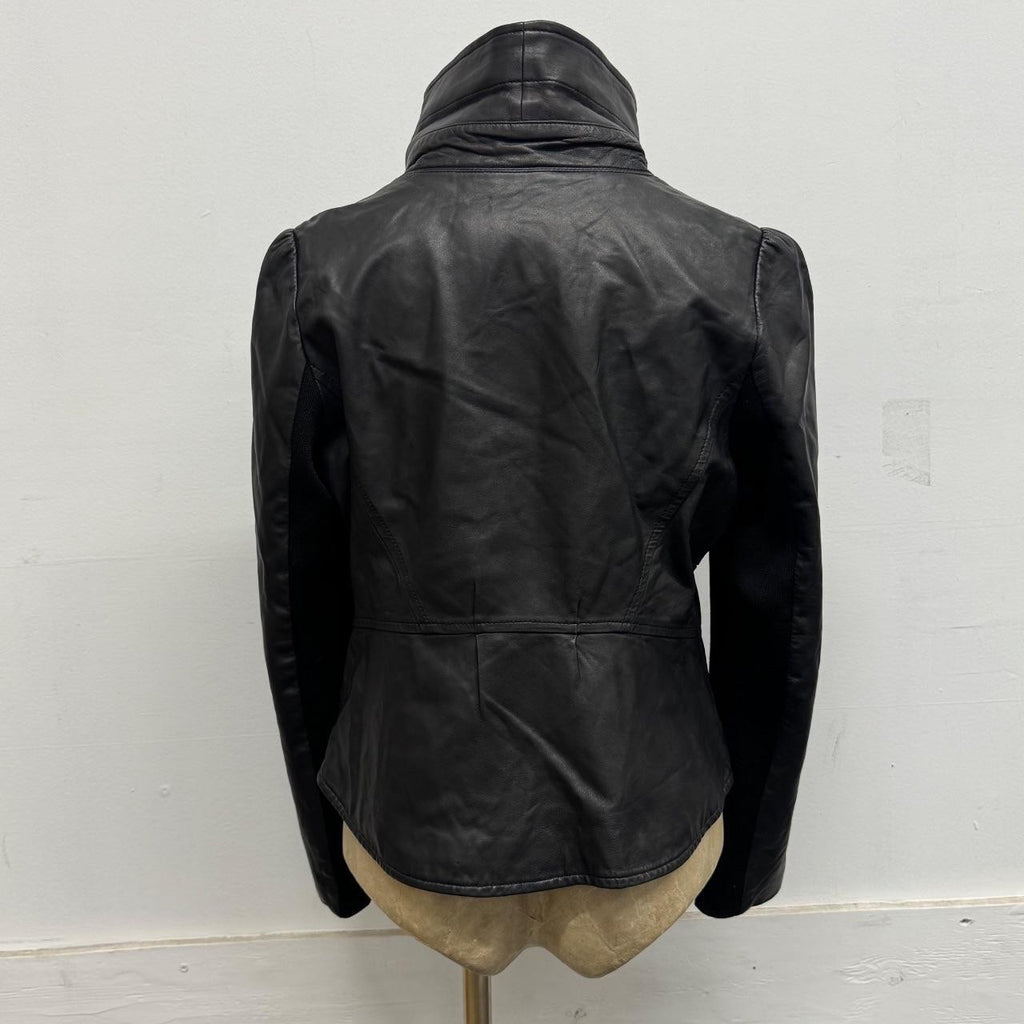 Vintage Black Asymmetric Funnel Neck Leather Jacket