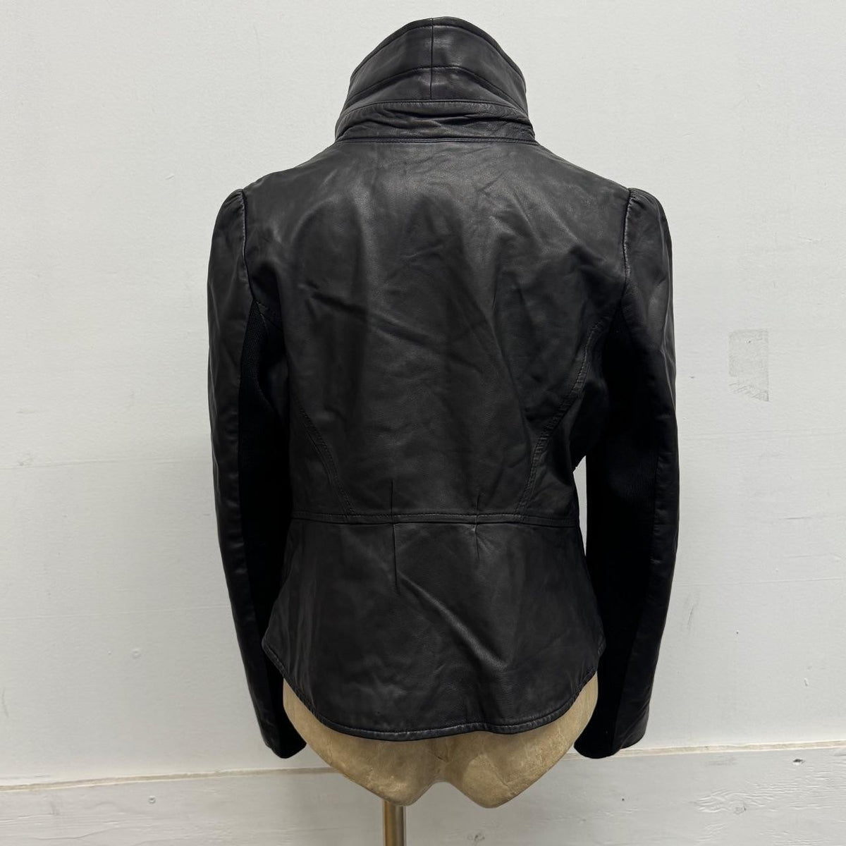 Vintage Black Asymmetric Funnel Neck Leather Jacket