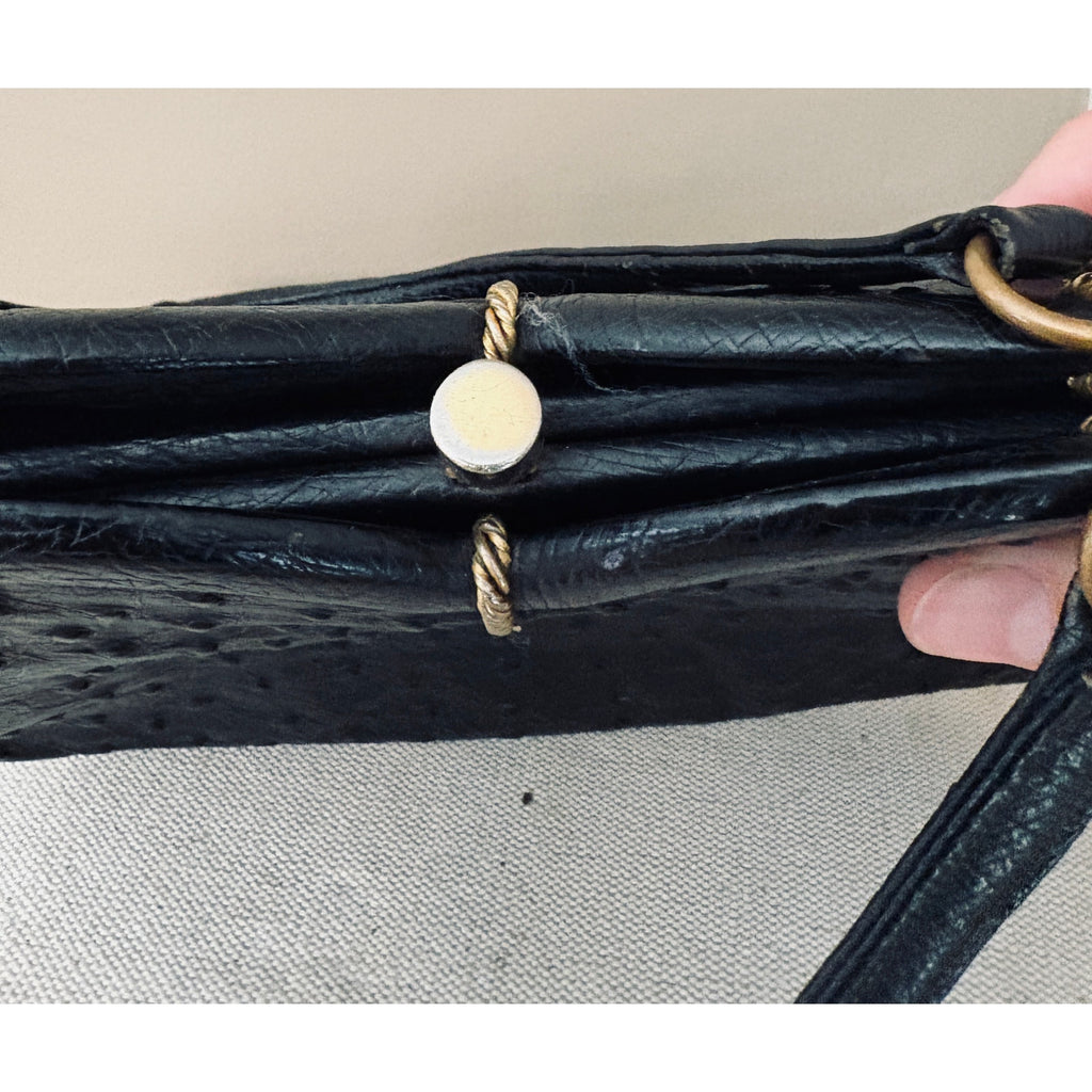 I. Magnin 1950s Genuine Ostrich Skin Handbag Black