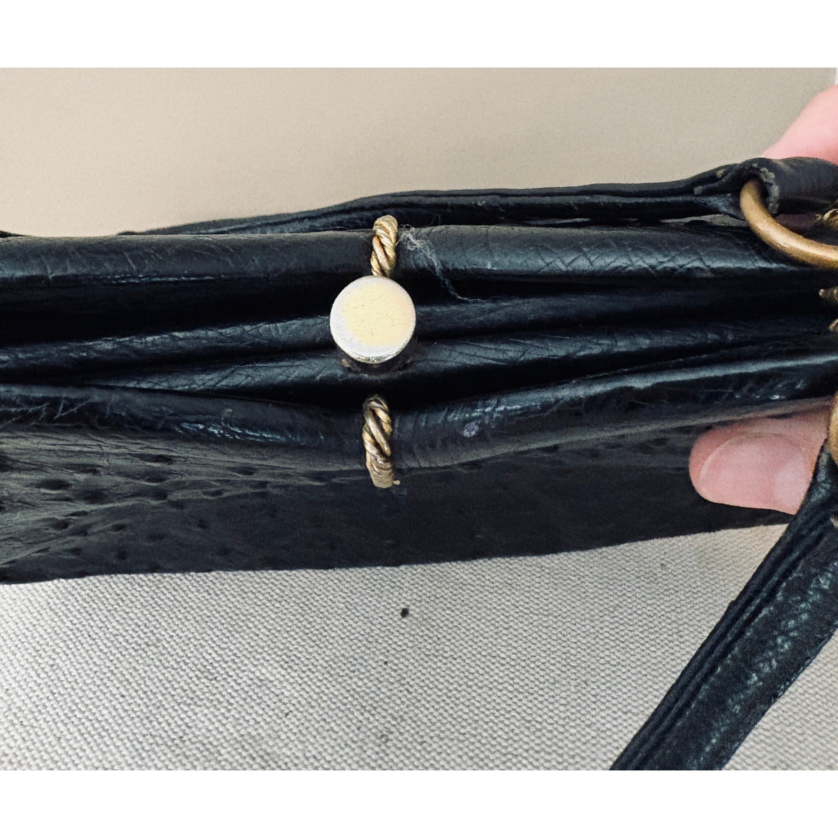 I. Magnin 1950s Genuine Ostrich Skin Handbag Black