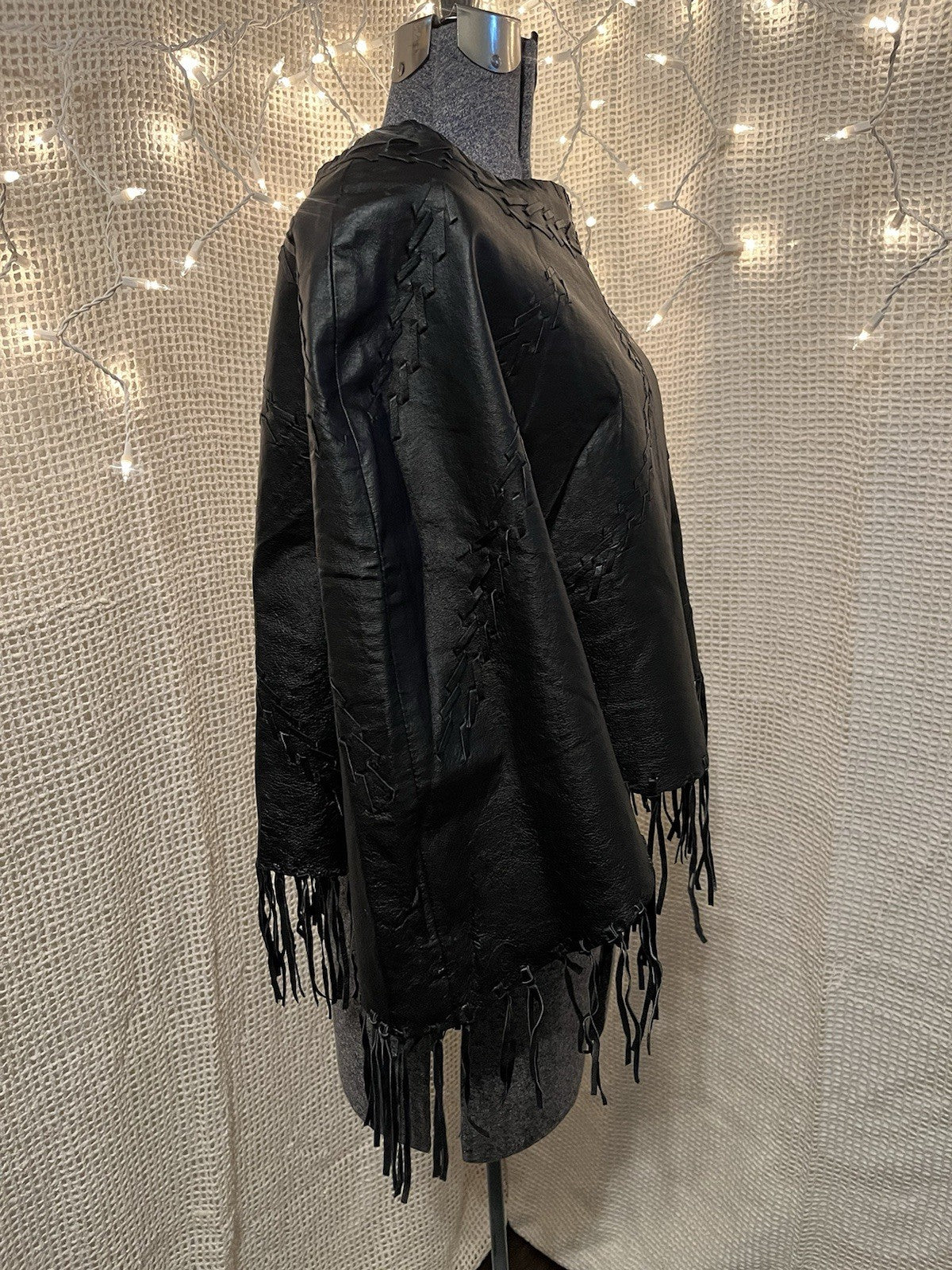 Vintage 90s Black Leather Whip Stitch Fringe Poncho Shawl Black Medium