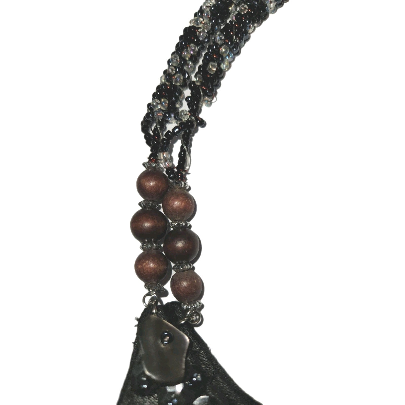 Vintage Black Satin Handbag With mother-of-pearl Shell Fringe & Beads Small 6X7"
