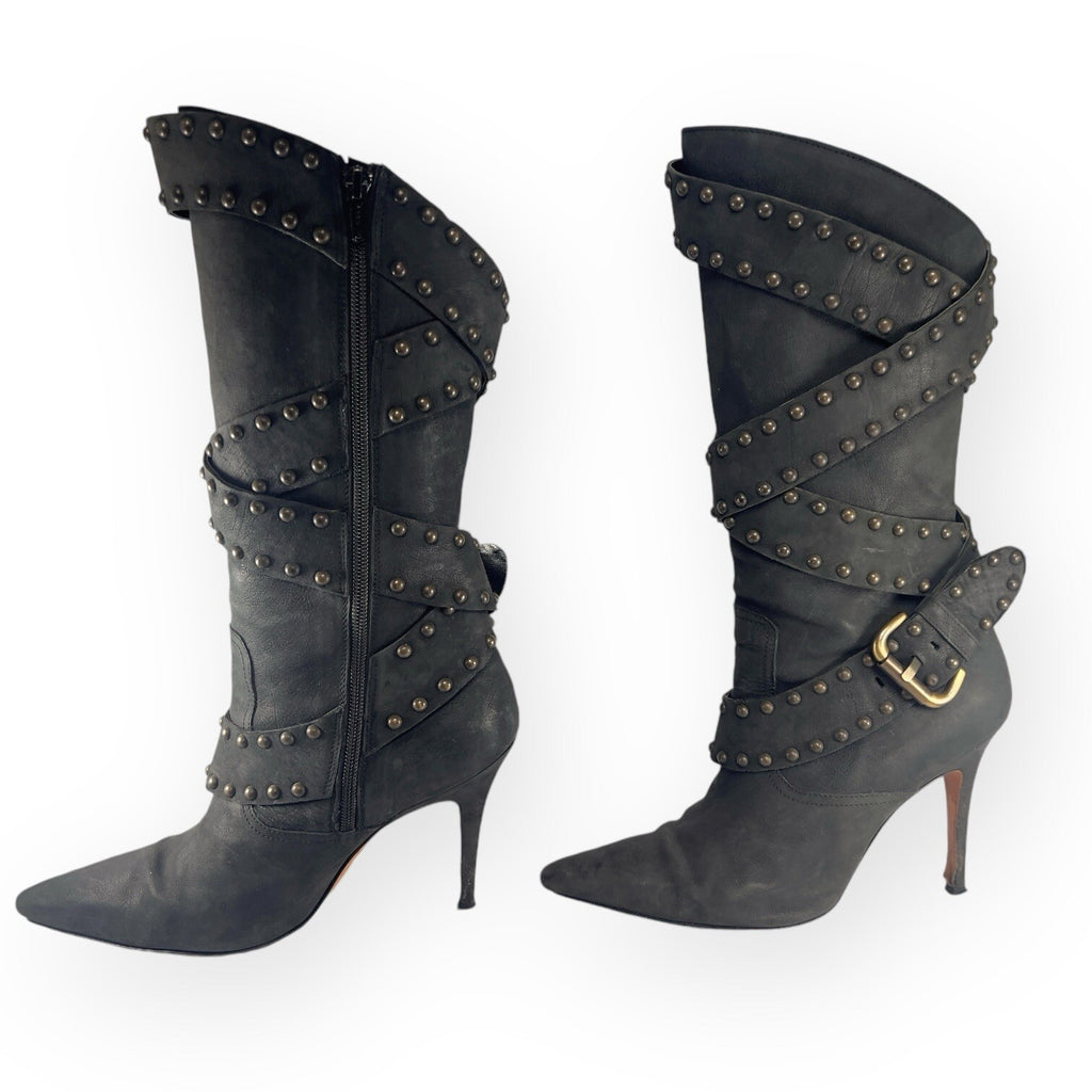 Manolo Blahnik YKK Mid Calf Strap Studded Leather Black Boots Stilettos -  38