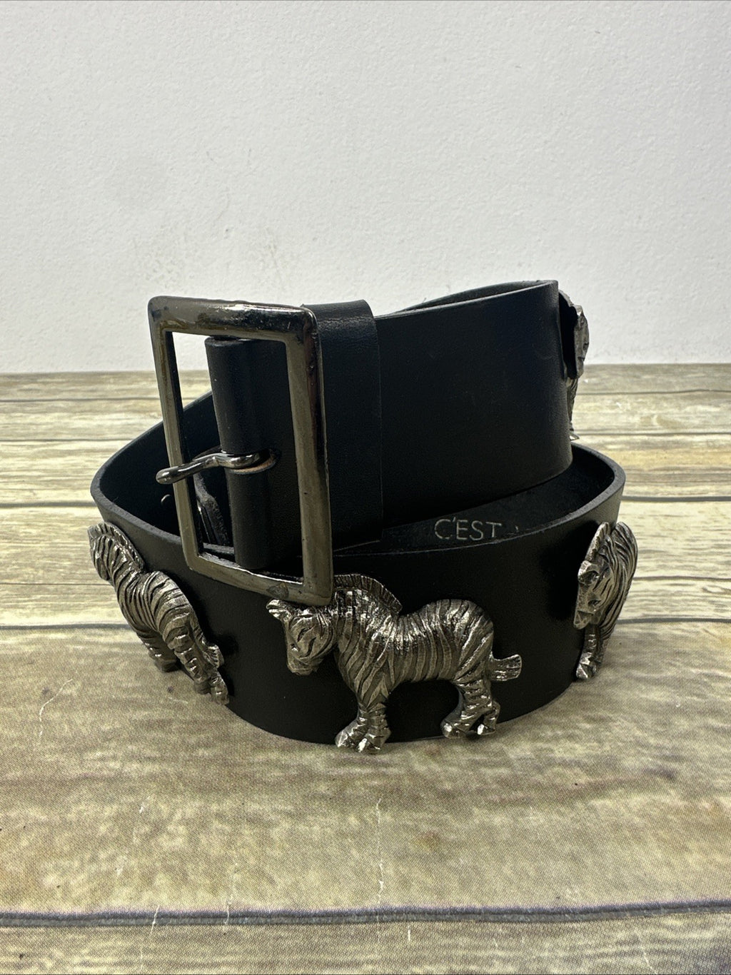 Vintage Cest Vrai Zebra Fashion Belt Size 28 Black Leather Safari