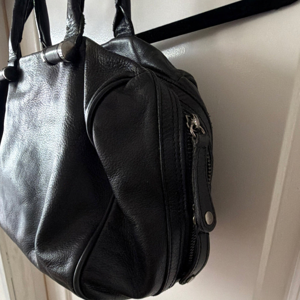 Black Satchel Top Handle Bag with Silver Hardware and Bottom Studs