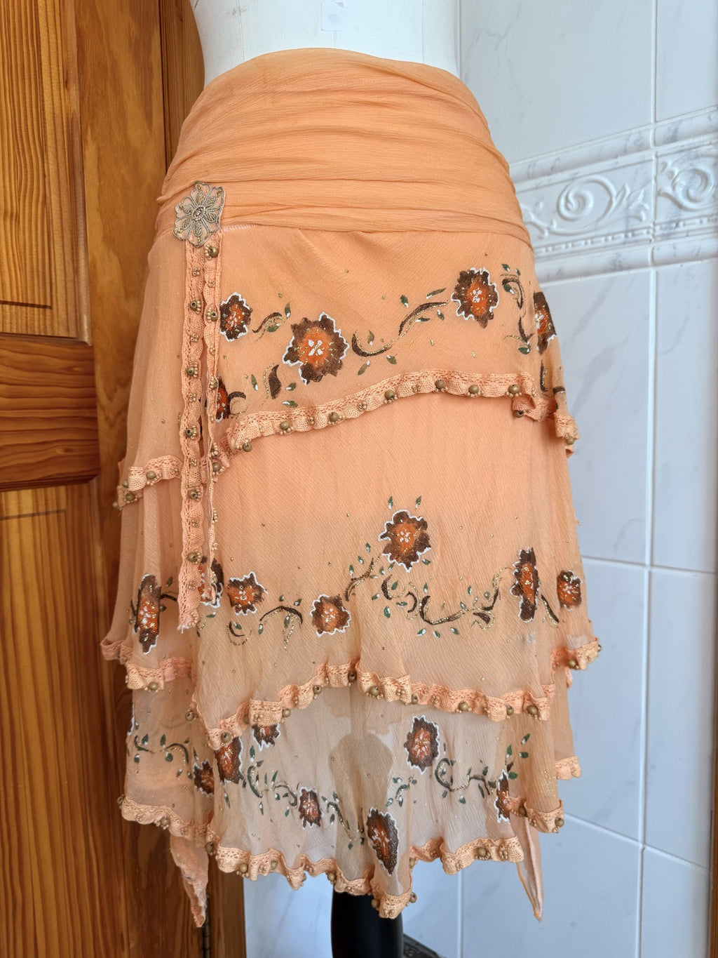 Lululemon Silk Orange Floral Beaded Cami and Skirt Set XS
