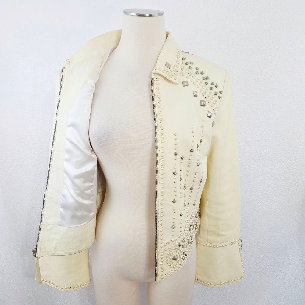 Double D Ranch Studded Ivory Leather Biker Jacket Medium