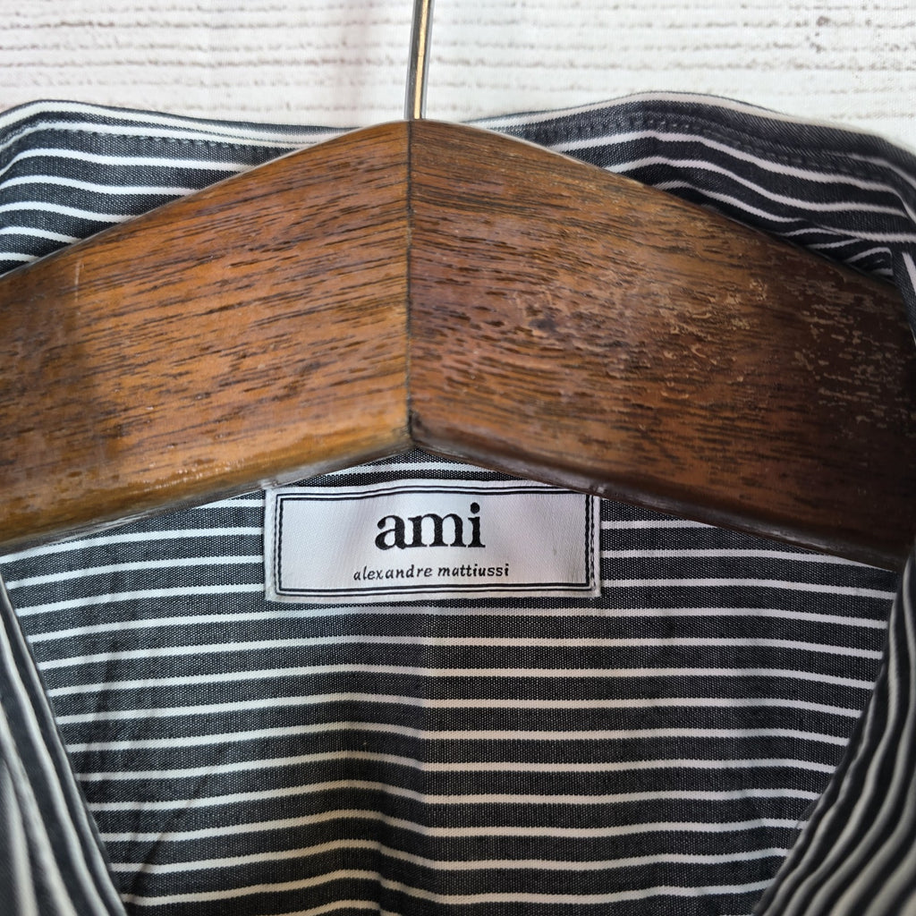AMI Alexandre Mattiussi Striped Cotton Button Shirt Mens Sz XL Slim Fit Black