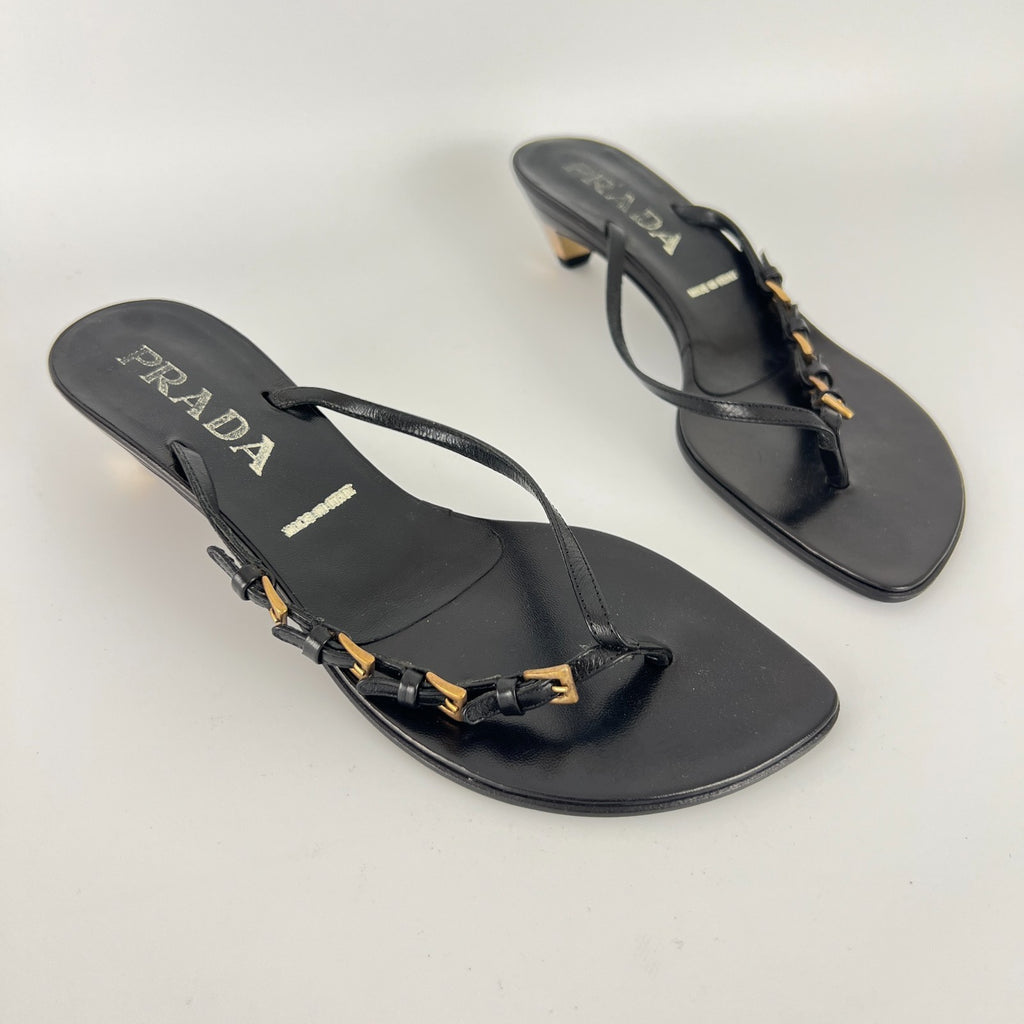 Prada | Auth Vintage Black Leather Gold Buckle Thong Kitten Heels (34.5)