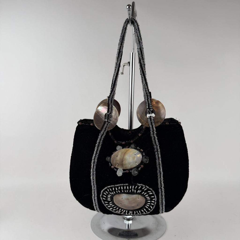 Imayin Shoulder Bag Womens Black Velvet Beaded Mother of Pearl Shell Purse Party